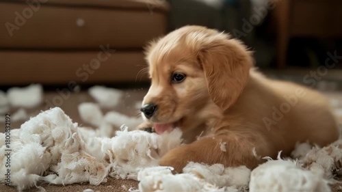 Adorable Golden Retriever Puppy's Mischievous Playtime Destroying Pillow Indoors on Carpet