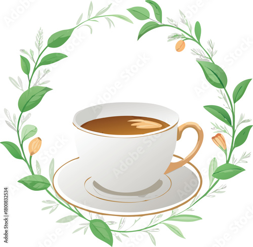 A delicate white teacup framed by a lush circular wreath of green foliage