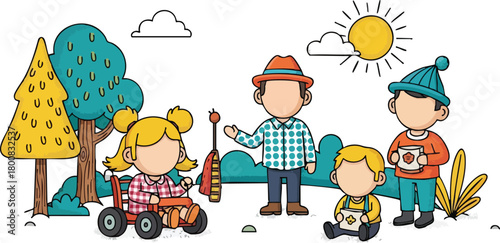 Children and Adult Outdoors Playing Together With Toys Under The Sun