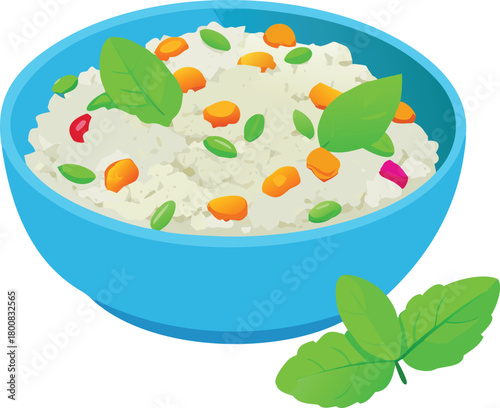 A colorful bowl of creamy rice with peas carrots and fresh mint leaves