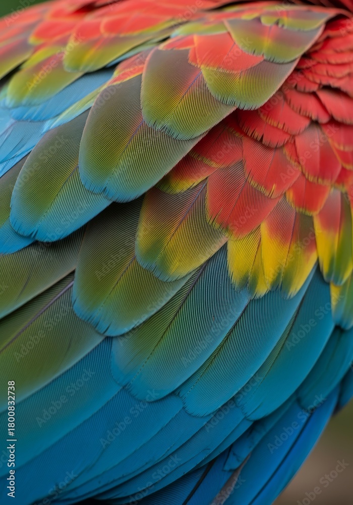 Obraz premium Colorful Bird Feathers Close Up - Vivid macro shot showcases vibrant plumage of bird. Close up detail of feathers with striking colors and textures