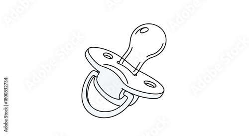 A simple line drawing of a baby pacifier with a round shield and a ring handle.