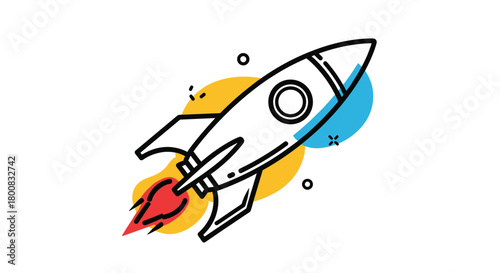 A stylized rocket ship launches upwards with colorful bursts in the background illustrating speed and motion.