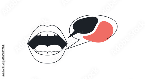 An open mouth with speech bubbles indicating communication and conversation.