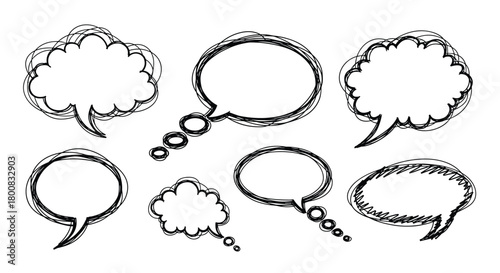 Hand drawn speech bubbles and thought bubbles for communication and conversation in comic style.