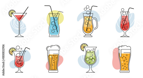 A collection of refreshing and colorful summer beverages with decorative garnishes.