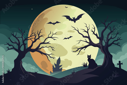 A spooky halloween scene features a large moon silhouetted bats and a black