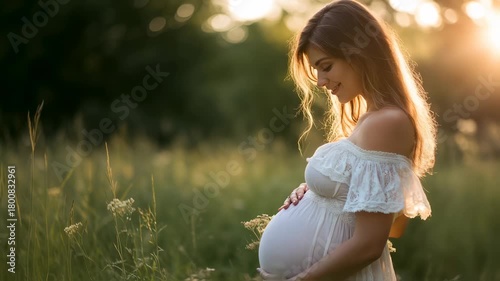 Beautiful expectant mother cradling her belly in a serene natural setting at sunset, radiating