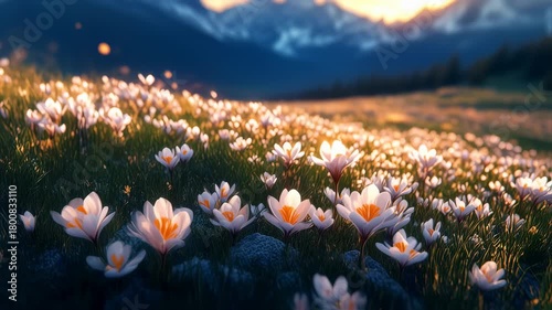 Magical meadow with blooming crocus flowers at sunset in the mountains landscape background, slow