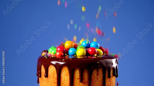 Delicious cake decorated with chocolate and colorful candies, perfect for celebrations and special