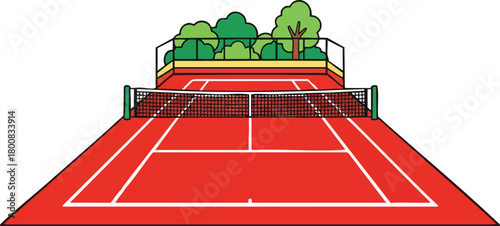 Red Outdoor Tennis Court With Green Trees In The Background And Tennis Net