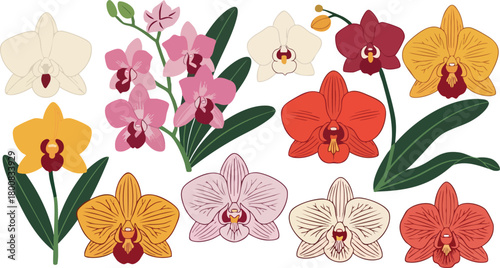 Assortment of Pixelated Orchid Flowers in Various Colors Yellow Pink Red White Set