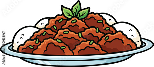 Pixel Art Style Food Dish With Meat And Rice Topped With Greens