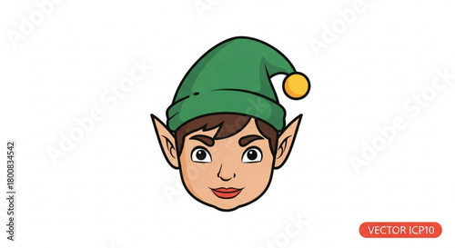 Elf head isolated on cartoon character with pointed ears and green hat cute christmas or new year elf face vector illustration
