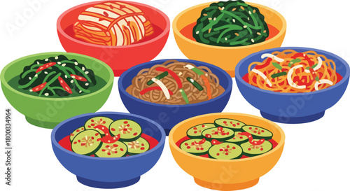 Assortment Of Korean Banchan Dishes In Colorful Bowls Ready To Eat