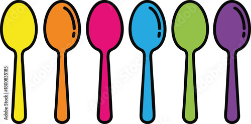 Six Colorful Spoons Lined Up in a Row Yellow Orange Pink Blue Green Purple