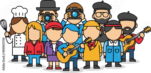 Diverse Group Of People With Different Professions And Hobbies Posed Together In A Studio Setting