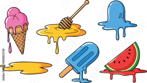 Pixel Art Summer Treats Ice Cream Popsicle Honey Slice of Watermelon Dripping Melted Sweet Refreshing Cool Down
