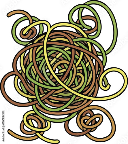 Abstract Swirls of Brown Green and Yellow Noodles Forming a Chaotic Ball Shape