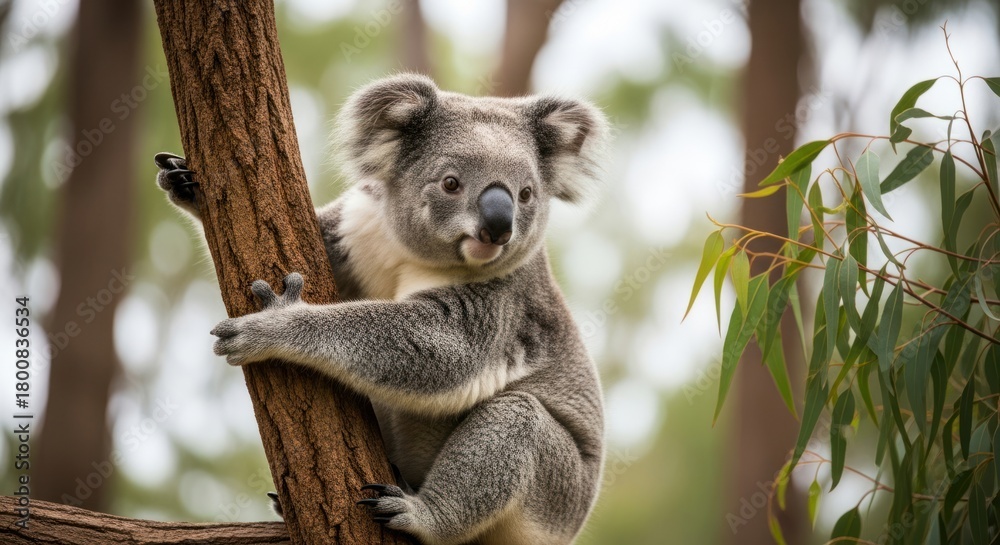 Fototapeta premium Adorable Koala Clinging to Eucalyptus Tree Branch in Australian Forest.