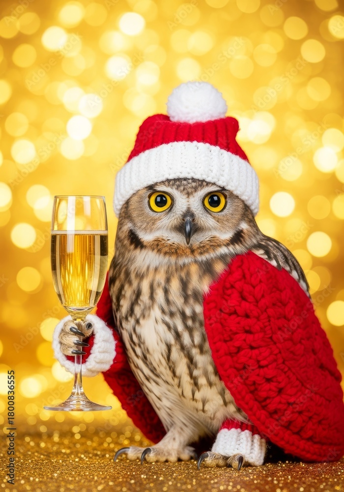 Obraz premium Festive Owl Toasting Celebration - An owl in a Santa hat and scarf holds a glass of champagne against a bokeh gold background. A whimsical take on holiday cheer