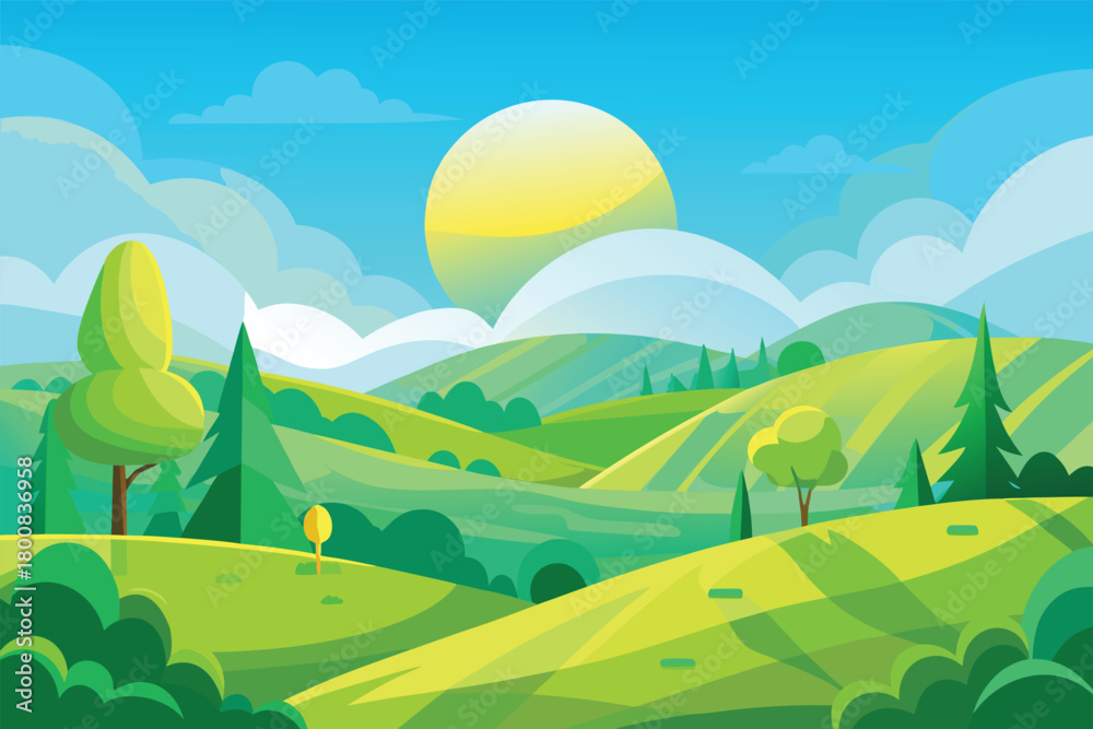 Obraz premium A bright cartoon landscape featuring rolling green hills with trees and a large