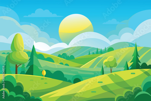 A bright cartoon landscape featuring rolling green hills with trees and a large