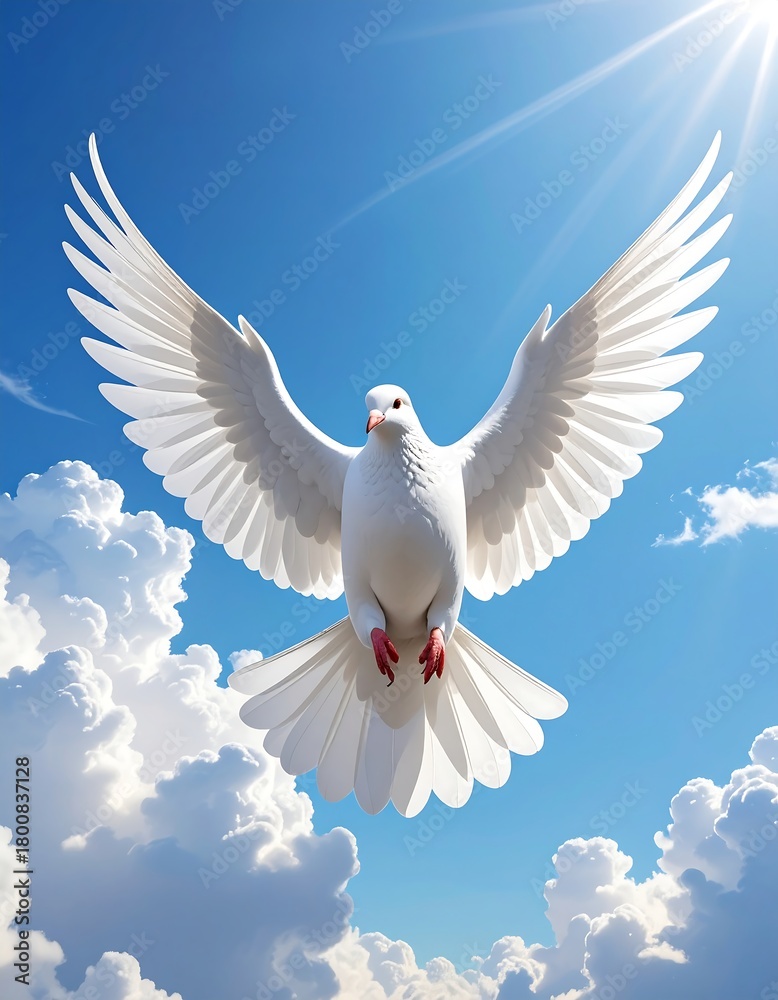 Obraz premium A white dove soars gracefully against a bright, sunny blue sky filled with fluffy white clouds, representing peace