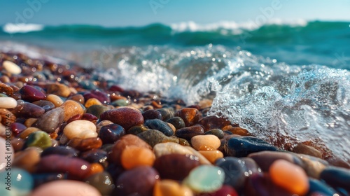 Fototapeta Naklejka Na Ścianę i Meble -  A close-up of a pebble beach with colorful stones and a gentle wave lapping at the shore.