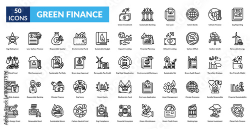 Green Finance Line Icon Set. Climate Fund, Ethical Banking, Clean Energy, Carbon Offset, Net Zero, Responsible Lending, Eco Model