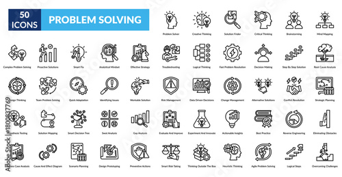Problem Solving Line Icon Set. Problem Solver, Creative Thinking, Solution Finder, Critical Thinking, Brainstorming, Mind Mapping, Root Cause
