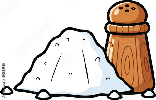 Pile of Salt Next to Wooden Salt Shaker and Scattered Salt Grains Isolated on White Background
