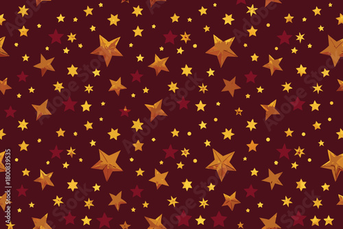A vibrant crimson background filled with scattered golden and yellow stars creating a