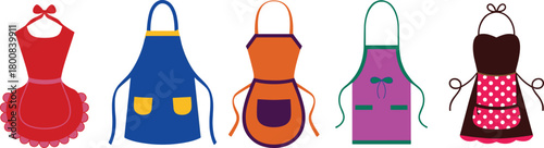 Colorful cartoon apron styles set, kitchen fashion illustration, frilly and bow designs, culinary outfit clipart, cooking accessories, cute apron collection, home chef wear