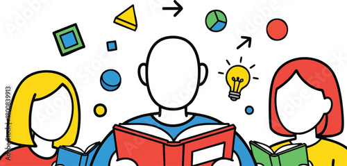 Three Diverse People Reading Books Symbolizing Knowledge and Learning With Geometric Shapes and Light Bulb Illustrating Ideas