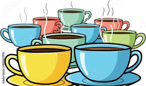 Colorful ceramic coffee cups steaming hot beverages with saucers on white background