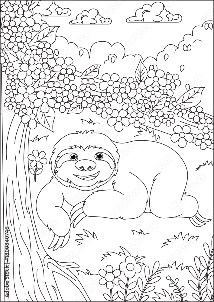 Naklejka premium Sloth Coloring Page Black And White Outline Forest Vector