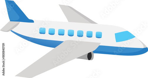 A simple illustration of a white and blue airplane in a flight pose