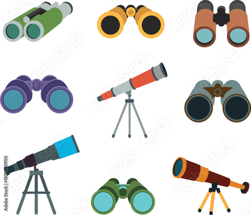 Binoculars and telescopes cartoon illustration set, colorful optical instrument vector icons, astronomy and exploration tools, educational science design, outdoor viewing artwork