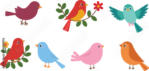 Cartoon bird illustrations, colorful characters, nature theme, floral accents, perched birds, flying pose, cute vector animals, spring design, whimsical wildlife elements