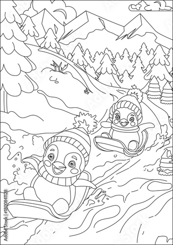 Penguin Ice Windsurfing Coloring Page Winter Fun Black And White Vector