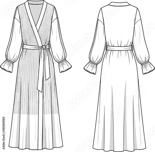 Dress technical fashion flat sketch, long pleated wrap gown with bishop sleeves, V-neck, tie belt, and color block hem, front and back, vector.