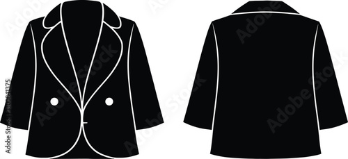 Black blazer front and back view, formal fashion jacket with notched collar, buttons, flap pockets, vector illustration for clothing design and branding