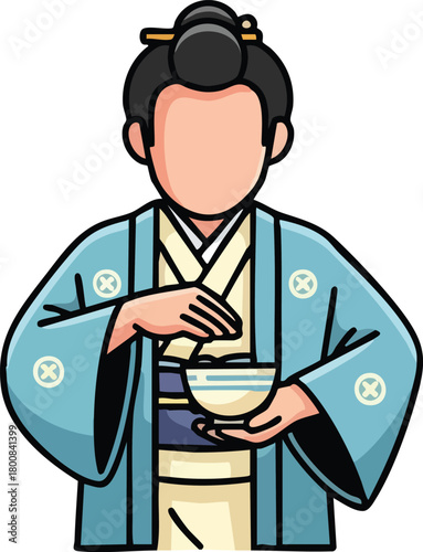 Pixel Art Japanese Woman In Blue Kimono Preparing Tea Ceremony