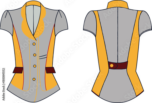 Women’s tailored blouse front and back view, fashion garment illustration, short sleeve design, color block style, contour drawing, sewing pattern, stylish apparel clipart