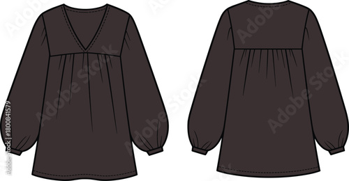 Front and back view of long sleeve V-neck blouse with yoke and gathered detail, curved hem, relaxed fit, fashion sketch, garment vector illustration