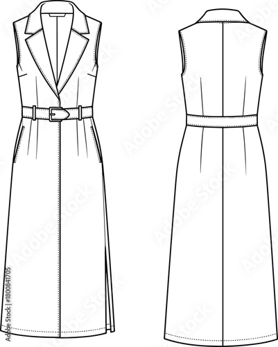 Sleeveless trench dress technical fashion flat sketch, belted waistcoat gown with notched collar, pockets, front and back view, vector apparel design template.