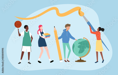 Four diverse students interacting with various school supplies. Symbolizing the breadth of educational experiences and global interconnectedness.