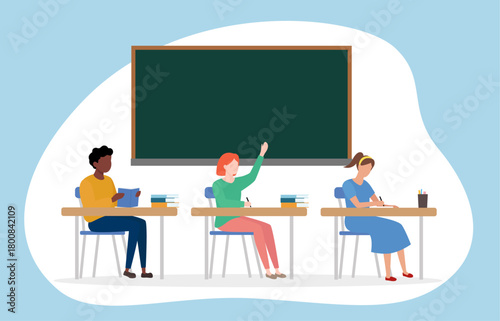 Students sitting at desks in a classroom in front of a blackboard. One student is raising hand, another is reading, and the third is writing. It depicts a typical classroom learning scene.
