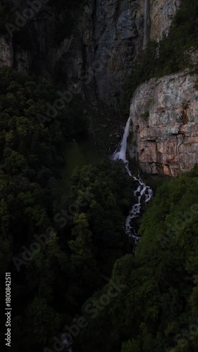 Seerenbach Falls waterfall scenic point nature Switzerland Swiss Alps, aerial drone